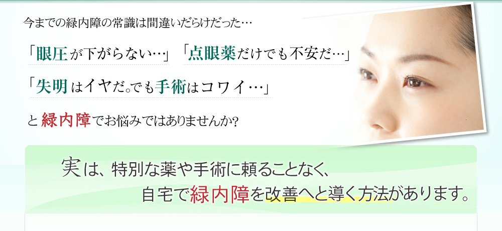 緑内障５アプローチ自宅で出来る！　緑内障改善プログラム今までの緑内障の常識は間違いだらけだった…『眼圧が下がらない…』『点眼薬だけでも不安だ…』『失明はイヤだ。でも手術はコワイ…』と緑内障でお悩みではありませんか？実は、特別な薬や手術に頼ることなく、自宅で緑内障を改善する方法があります。このプログラムをおこなっていただくと…BeforeAfter