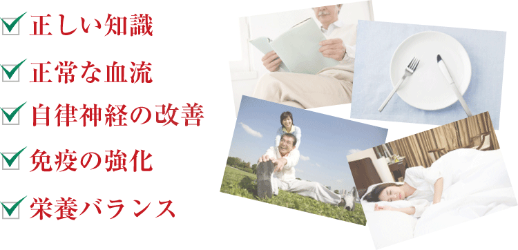 ●正しい知識
●正常な血流
●自律神経の回復
●免疫の強化
●栄養バランス